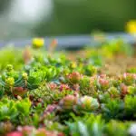 A closeup of a green roof showing a vibrant carpet of plants and vegetation growing on top of a building. These roofs help reduce the urban heat island effect improve ai