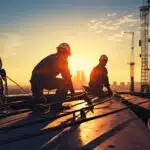 silhouette workers on construction site in evening sunny backrou