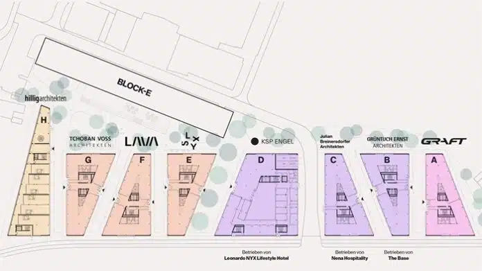 Eine Aufzeichnung der acht Gebäudeteile, die je ein anderes Architekturbüro aus Berlin entwirft.